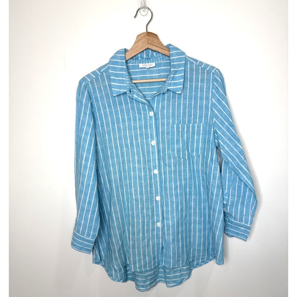 Habitat Clothes Shirt Womens Small Button Up Linen Blend Stripe Beachy Coastal S